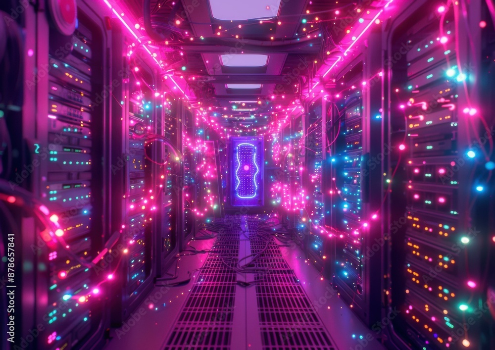 Poster Futuristic server room with colorful lights. AI.