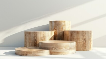 wooden round podiums, modern pedestals and platforms, stand stages, cylinders,