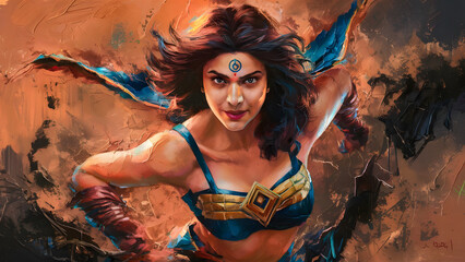 Mesmerizing Abstract Oil Painting of Indian Superheroine: Dynamic, Textured, and Vibrant Fantasy Art. Dressed in indian style of clothing