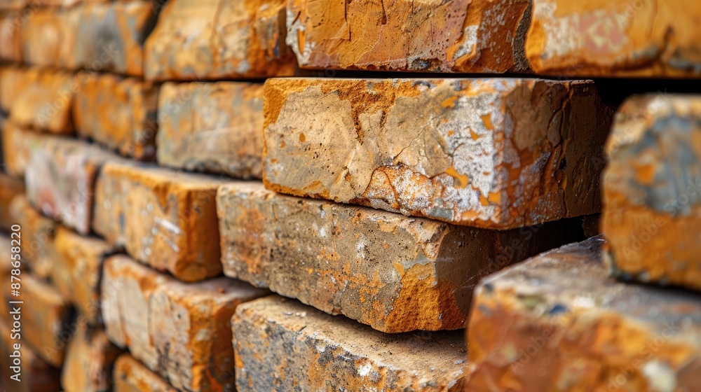 Aufkleber stack of bricks at construction site for building walls with space for text