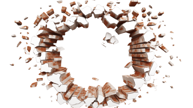 Hole breaking through the brick wall transparent background.