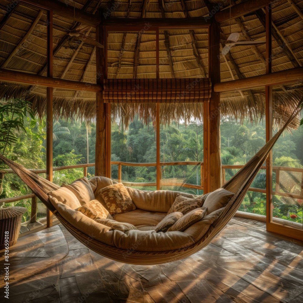 Poster a large hammock hangs in a room with a thatched roof and large windows overlooking a jungle. ai.