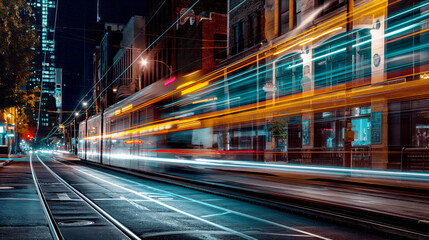 Obraz premium A long exposure of a tram moving through a city at night, showcasing vibrant light trails