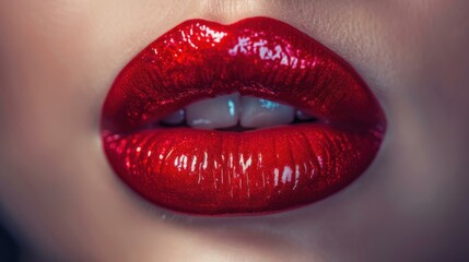 Obraz premium Close-up of red glossy lips. AI.