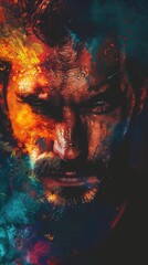 Fototapeta premium Dramatic portrait of a man with vibrant face paint on a dark background exuding strength and emotion