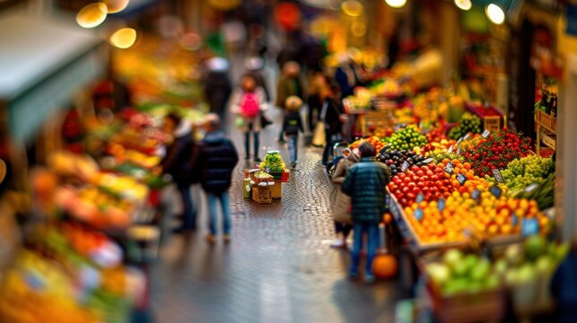 A tilt-shift image of a bustling produce market. AI.