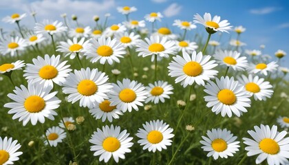 Beautiful spring background with blooming chamomile and blue sky