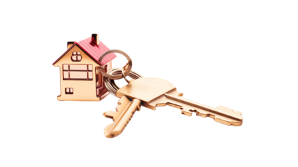 House keys with house shaped keychain transparent background.