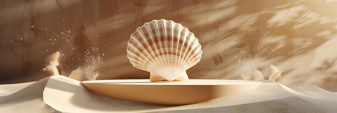 abstract empty podium seashell for cosmetic product presentation beige object placement background 3d rendering