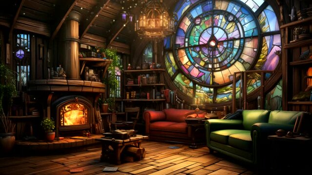Enchanting magical library with large stained glass window and a glowing fireplace creating a cozy reading nook. Literary haven concept