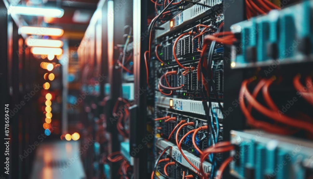 Poster rows of server racks with blinking lights in a data center. ai.