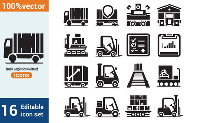 A Basic Collection of Vector Icons Associated with Truck Logistics. Has more black
 vector icons, including those for a forklift at the warehouse, route, cargo inspection, and more.