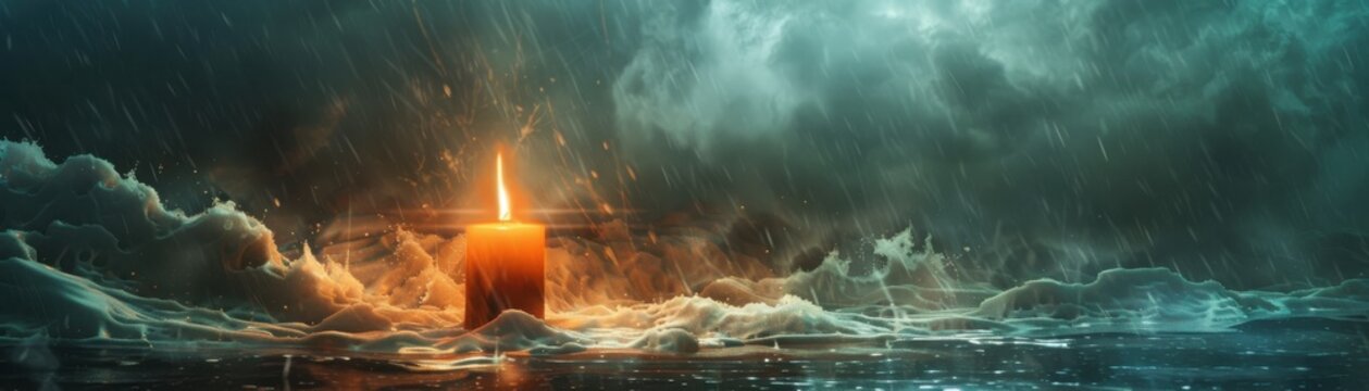 Detailed image of a candle withstanding a violent storm, high realism, persistent flame, extreme weather, unyielding light