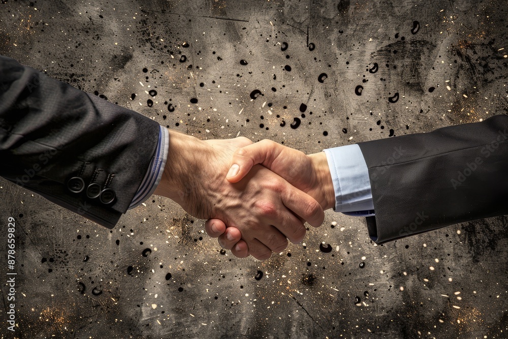 Poster two individuals shaking hands on a grimy background, building relationships with clients based on tr