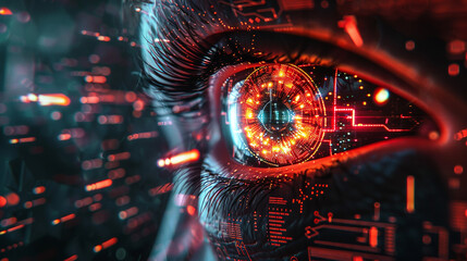 A cybernetic eye with a glowing iris and holographic security symbols, surrounded by digital data streams and a dark, high-tech background, symbolizing biometric security
