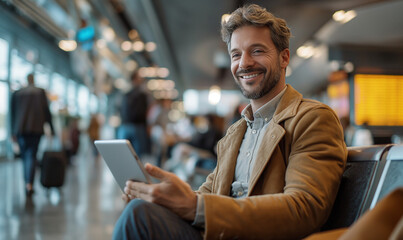Fototapeta premium Mature man working with a tablet at the airport in the waiting room. Business man. Distant work. Airport.