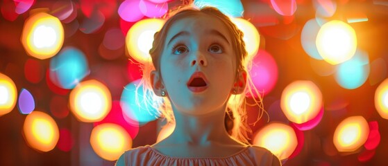 Fototapeta premium Little girl looking at the colorful lights in awe and wonder. AI.