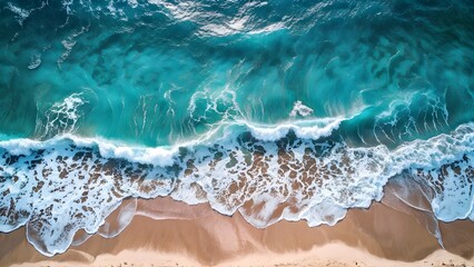 Obraz premium Aerial view of turquoise ocean waves crashing onto the sandy shoreline Summer vacation holidays background. Generative AI