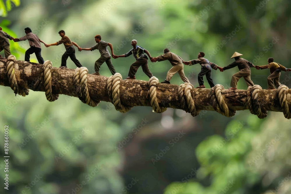 Poster a group of individuals holding hands while balancing on a tree branch, building trust and camaraderi