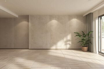 Fototapeta premium an image of modern interior design of apartment, empty living room with beige wall, huge window and plant in a pot