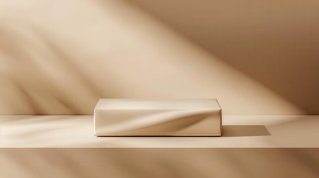 packshot of a sleek food package, centered alone on a beige background, soft shadows, highkey lighting, minimalistic design