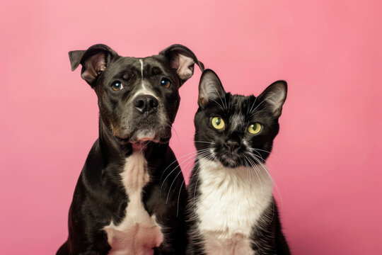 image of a black dog and a black and white cat portrait together on studio pink background , looking straightly to the camera
