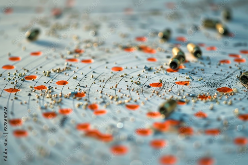 Poster detailed view of a complex electronic circuit board with various components and traces, bullet holes