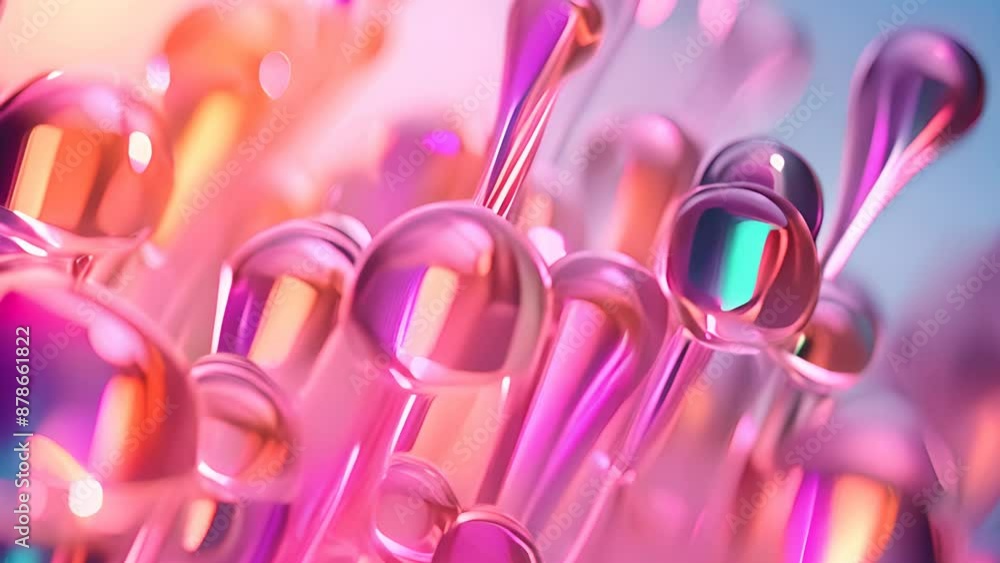 Poster pink holographic bubbles floating on the soft colorful abstract background in beautiful vivid tones