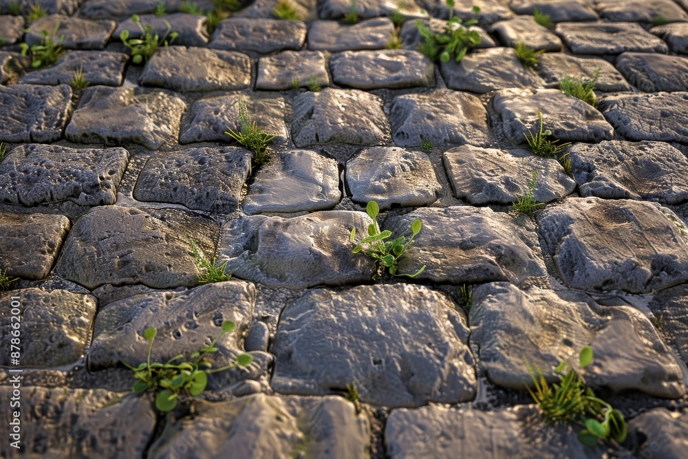 Aufkleber a cobblestone street with patches of grass pushing through the stones, bumpy cobblestone with weeds 