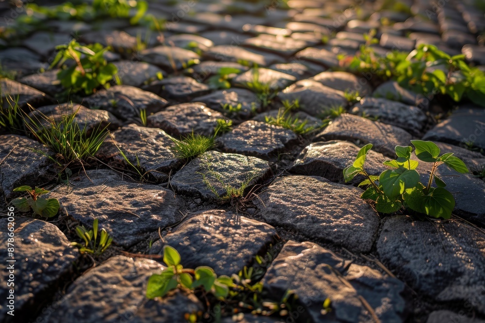 Poster detailed view of a cobblestone pavement with grass and weeds growing through the gaps, bumpy cobbles