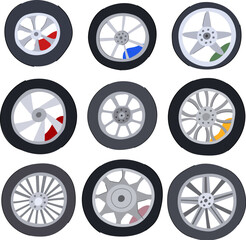 wheel car set cartoon. black speed, sport automotive, rubber luxury wheel car sign. isolated symbol vector illustration