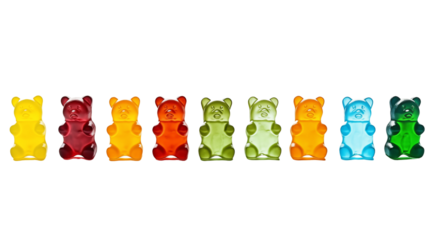 Multicolor collection of jelly gummy bears transparent background.