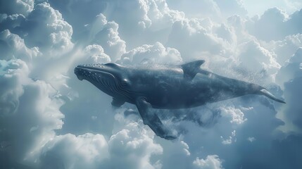 Realistic whale navigating the clouds, detailed surreal scene, sky and ocean blend, majestic creature, dreamlike swim
