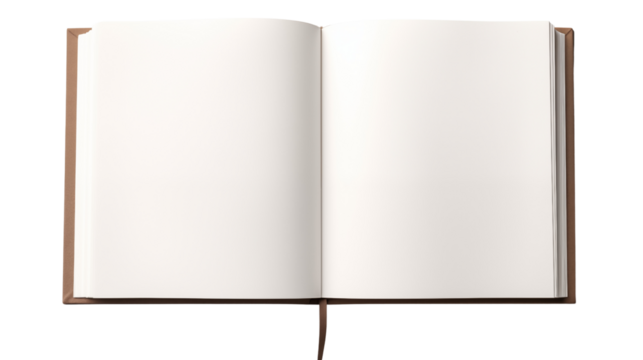 Open book with blank pages, isolated on transparent background.