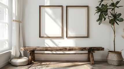 Empty Frame Minimalist interior wooden Bench and two Blank poster mockup potted plant white theme room