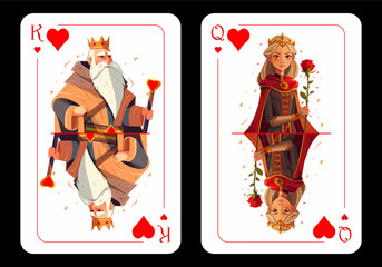 Queen of Hearts and King of Hearts, original playing card design on black background. Vector illustration