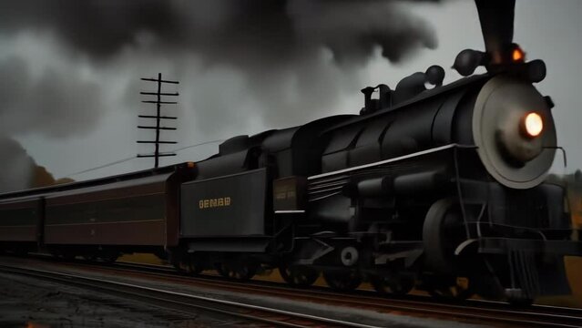 A steam train is traveling down the tracks, leaving a trail of smoke in its wake. The train is surrounded by trees and the sky is cloudy, creating a moody atmosphere