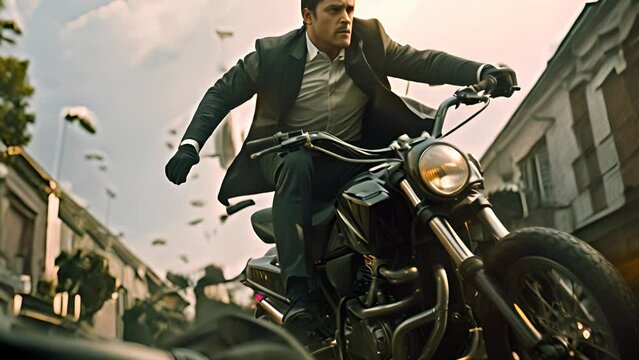 Action shot with man riding away on bike. Dynamic scene in action movie blockbuster style