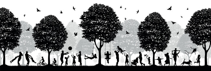 People different ages doing outdoors activities with various poses in public park vector silhouettes. People all ages playing in park family bonding leisure time black silhouette set.