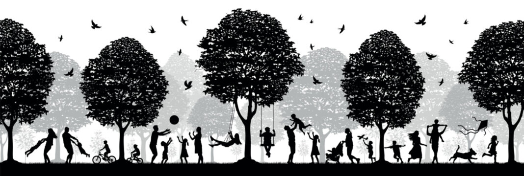 People different ages doing outdoors activities with various poses in public park vector silhouettes. People all ages playing in park family bonding leisure time black silhouette set.