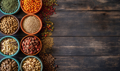 Dry cat and dog food in bowl on background. Vitamins and nutrients for good health and energy of pets.Copy space.