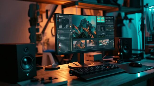 A computer desk with a large monitor, keyboard, and mouse. The monitor is displaying a mountain scene