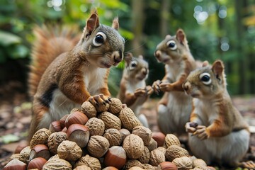 A family of squirrels gathering nuts for the winter, creating a giant pile in the process