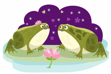 Two toads looking at each other, a pair of frogs, pink lotus flower, night, romance, vector illustration