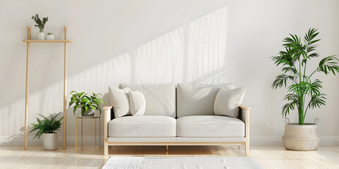 Bright and cozy modern living room interior have sofa and plant with white wall