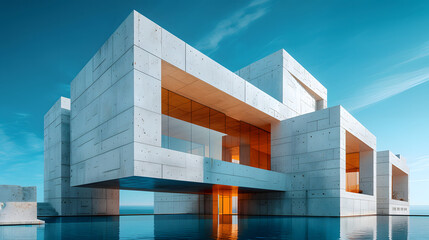 Modern concrete architectural building with geometric design by the water, featuring clear blue skies and reflective surfaces.