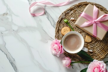 A serene coffee break setup with a cup, cookies, flower bouquet, and gift against a marble backdrop.