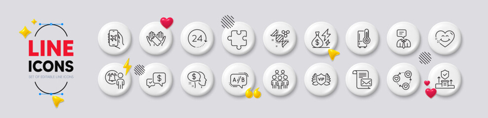 Ab testing, Smile face and 24 hours line icons. White buttons 3d icons. Pack of Electricity price, Friends community, Refrigerator icon. Vector
