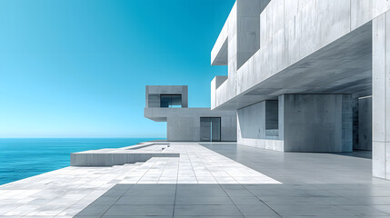 Obraz premium Modern minimalist concrete building overlooking the ocean under a clear blue sky, showcasing contemporary architecture and design.