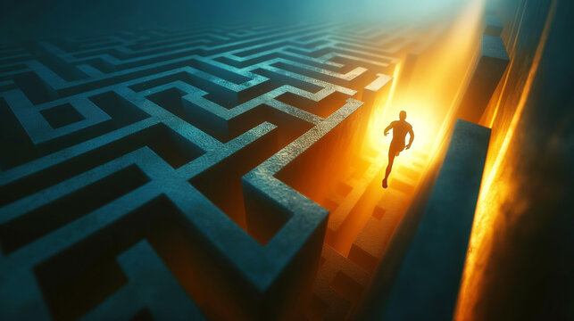 Silhouette of a person running towards the light in a large maze under dramatic lighting